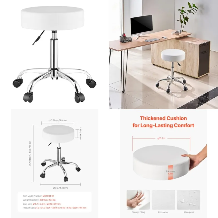 

Rolling Stool with Wheels, 450 LBS Weight Capacity Round Rolling Stool Chair, Height Adjustable Thickened PU Leather Swivel Sto
