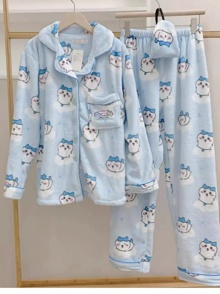 

Милый пижамный комплект Chiikawa Hachiware, фланелевая одежда для сна с героями мультфильмов, брюки Y2K, зимняя теплая пижама, домашняя одежда, Рождественский подарок