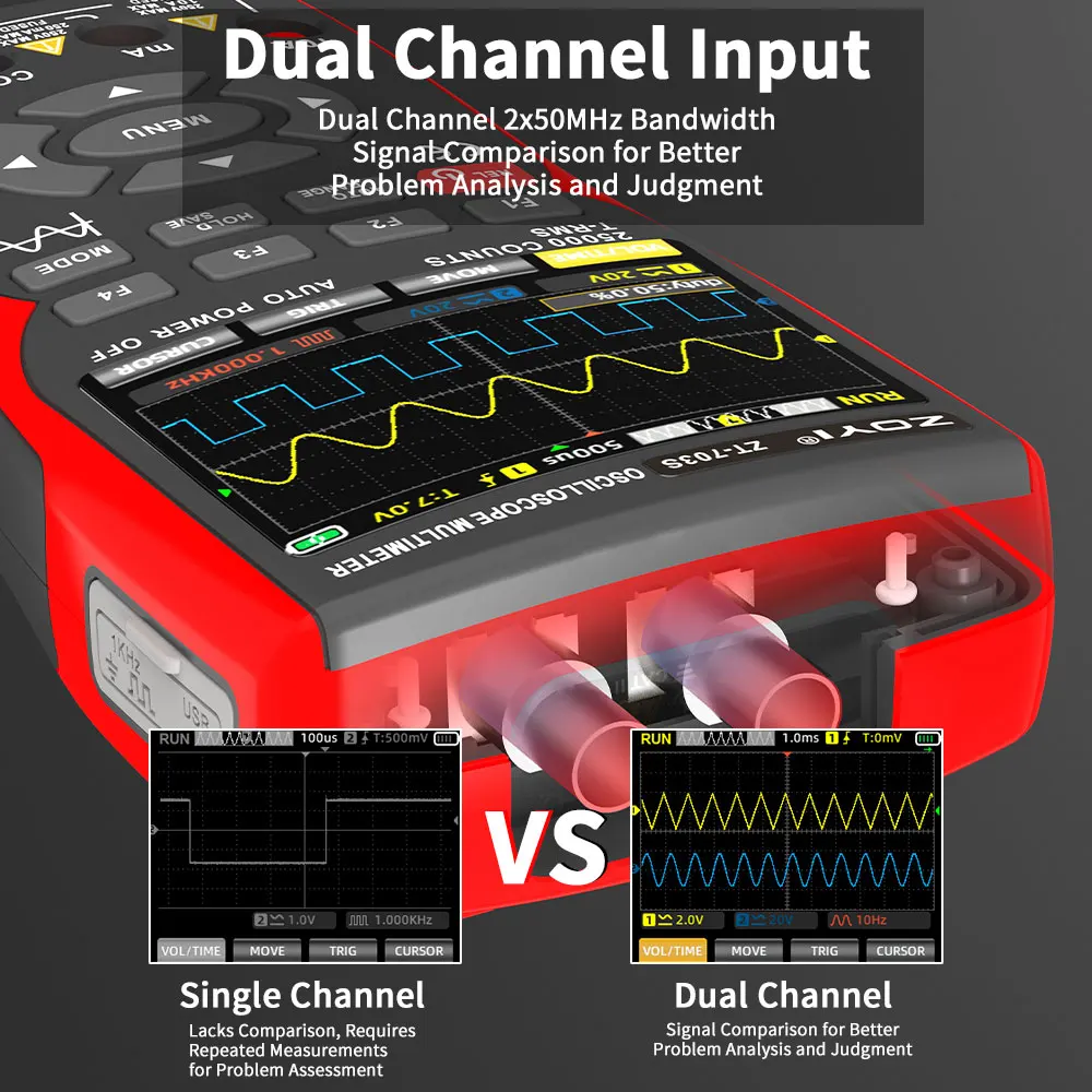 ZT-703S Цифровой мультиметр и осциллограф 3-в-1, 50 МГц, высокоточный измеритель напряжения, цветной TFT-экран, аккумулятор 3400 мАч