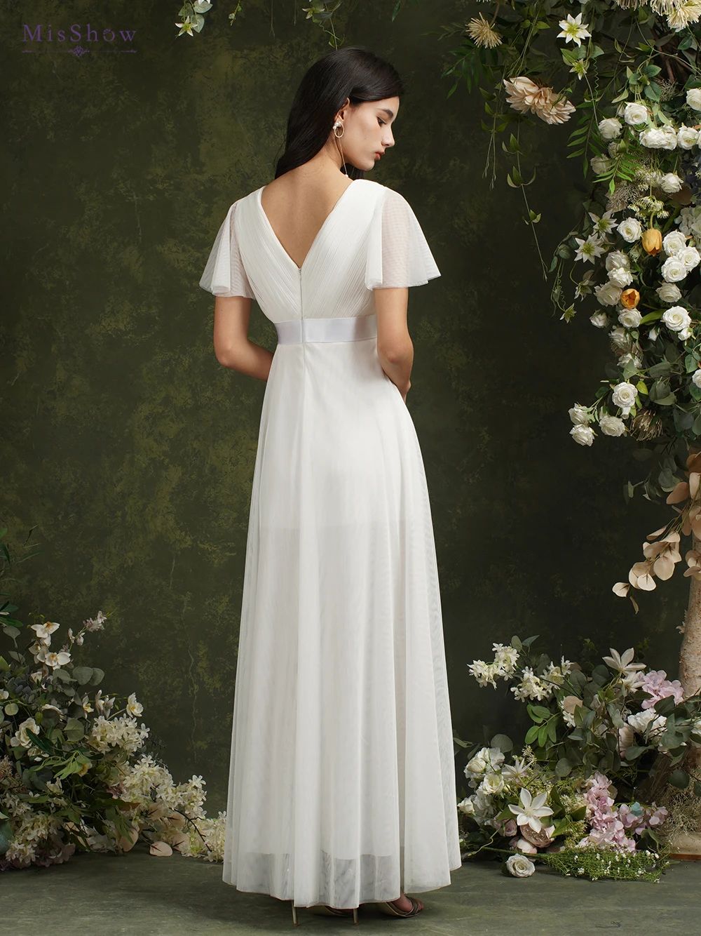 Simple Beach Ivory Wedding Dresses For Women A-Line Puffer Short Sleeve V-Neck Pleat Tulle Open Back Bridal Prom Gowns With Belt