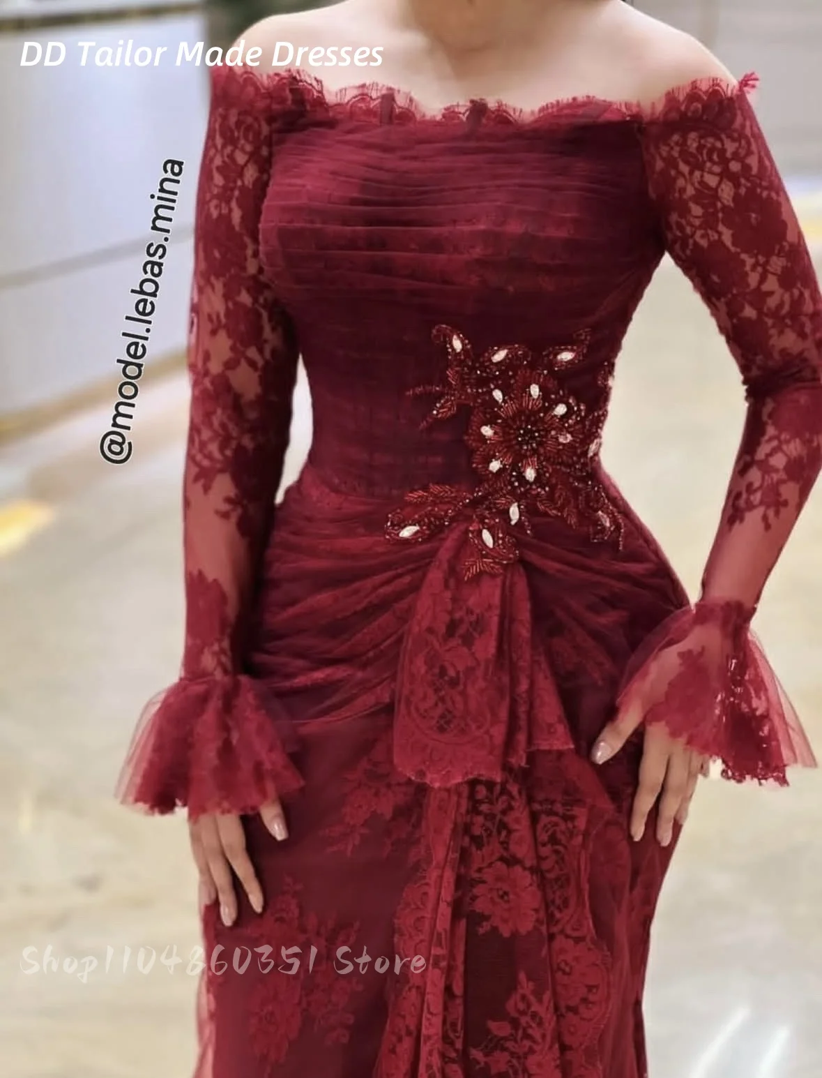 Eleganti abiti da sera a sirena in pizzo arabo Aso Ebi maniche lunghe cristalli con perline abiti da cerimonia per occasioni formali bordeaux personalizzati