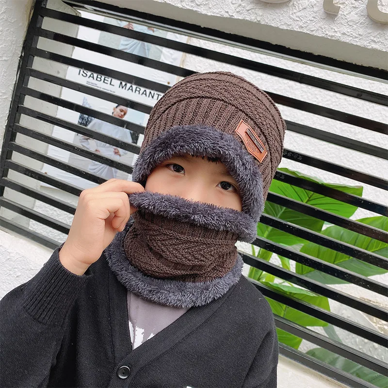 Gorro de punto de terciopelo para niños, bufanda cálida de una pieza, gorro de lana gruesa, protección para los oídos, gorro a prueba de frío