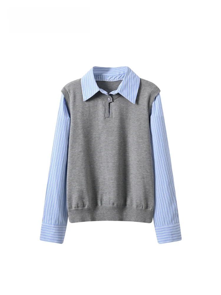 

Женская полосатая лоскутная блузка больших размеров с длинным рукавом, весенняя новинка, в стиле CaraCLUB College, имитация двухслойности, для полных женщин