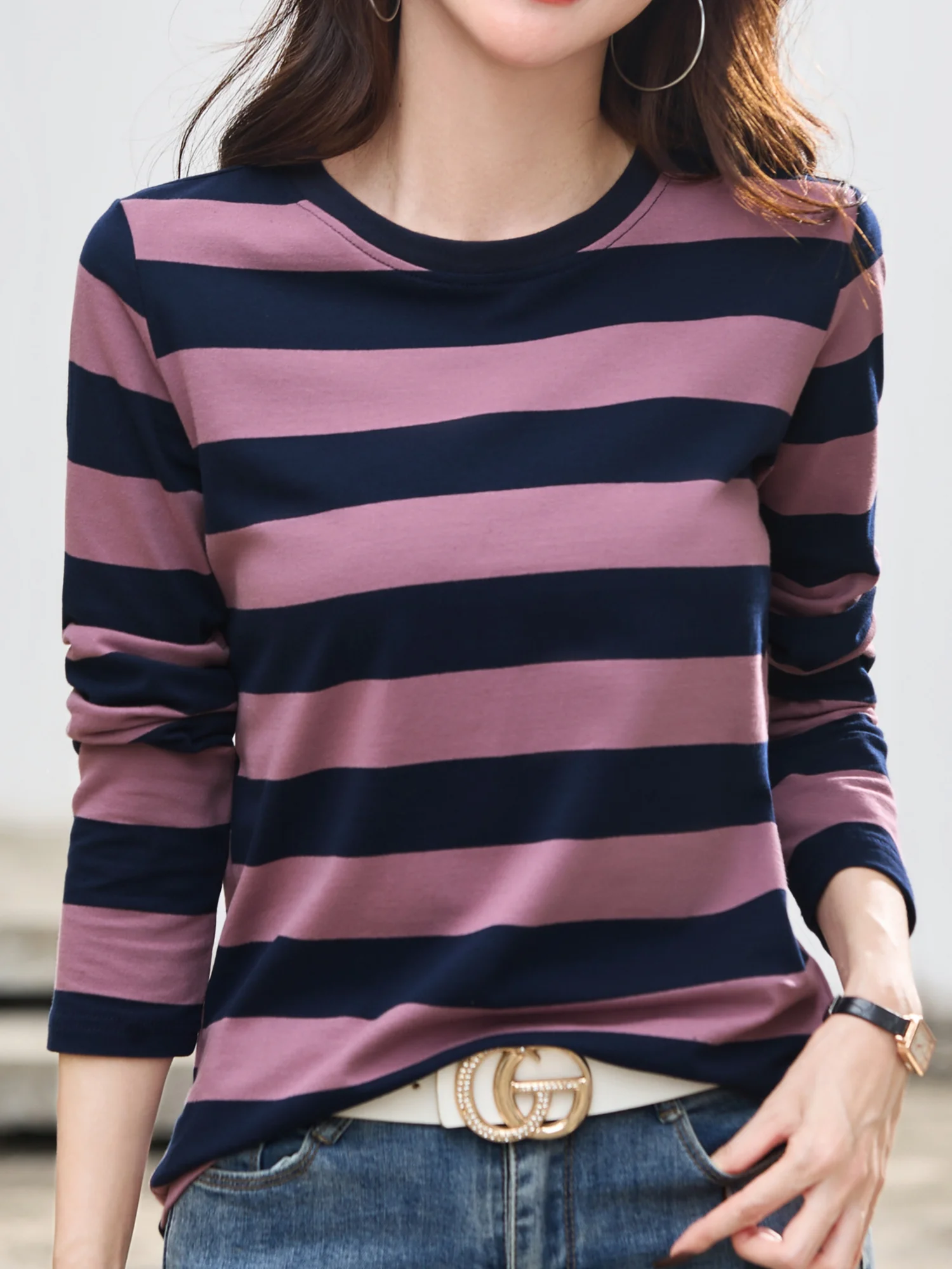 

Women's striped pattern round neck long sleeve fashion casual everyday knitted tops, suitable for spring and autumn wear