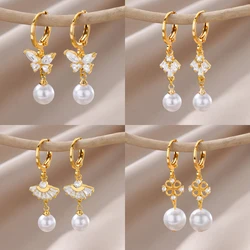 Pearls Dangle Earrings for Women Stainless Steel Earrings 2024 Trend Butterfly Piercing Aesthetic Ear Jewellery Freeshipping BFF