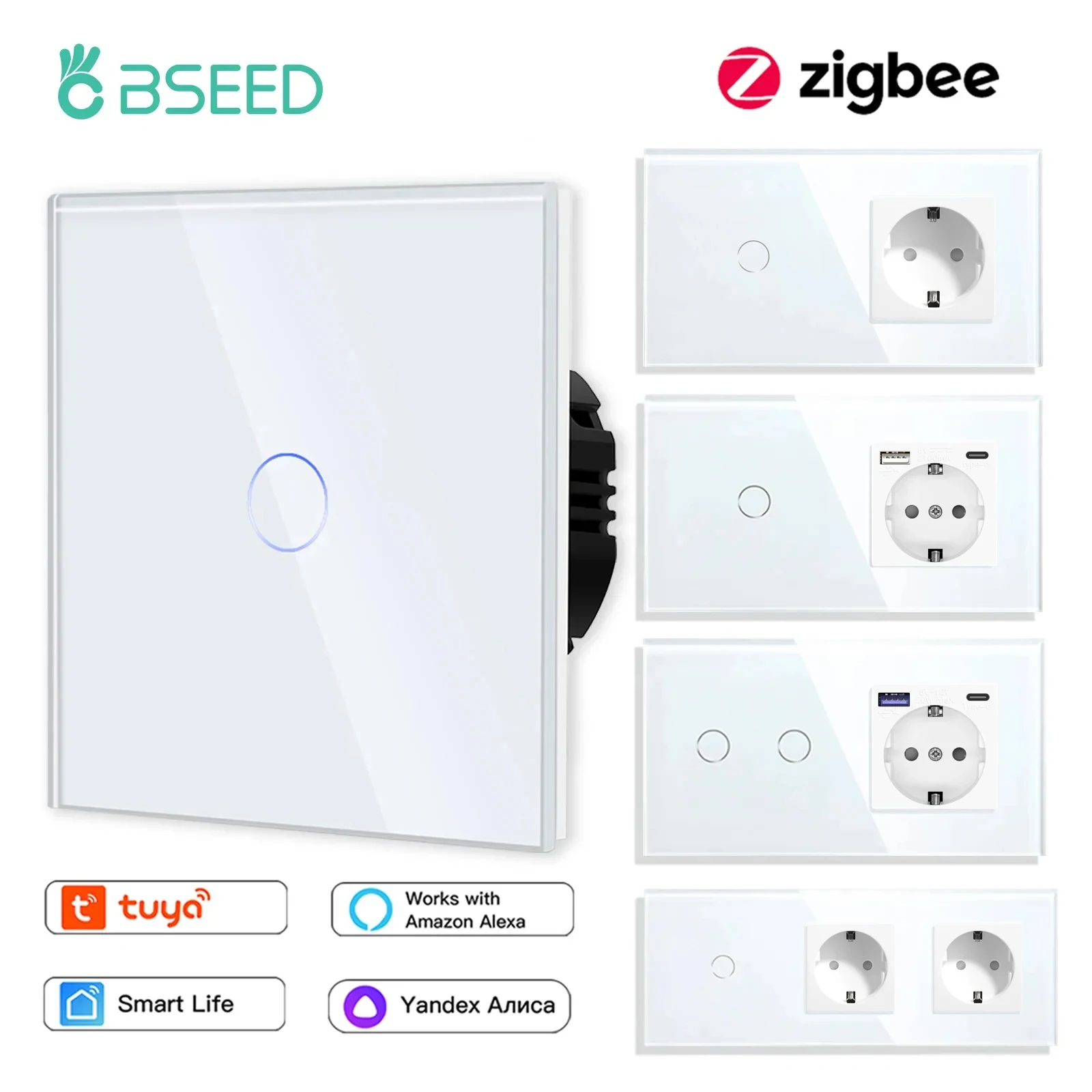 BSEED Zigbee 1/2/3Gang Wall Touch Switches Tuya Smart Life Alexa Control Plus EU Wall Socket USB Type-c Ports No Neutral Version