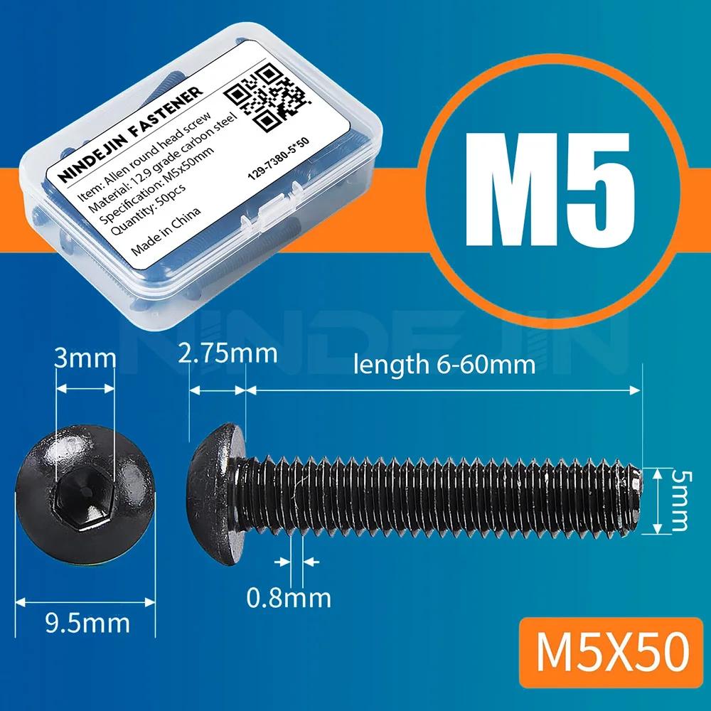 25-100pcs/box Hexagon Socket Button Head Screw Box M5x6-100mm, Black 12.9 Alloy Steel Allen Round Head Screw Bolt for TV Bracket