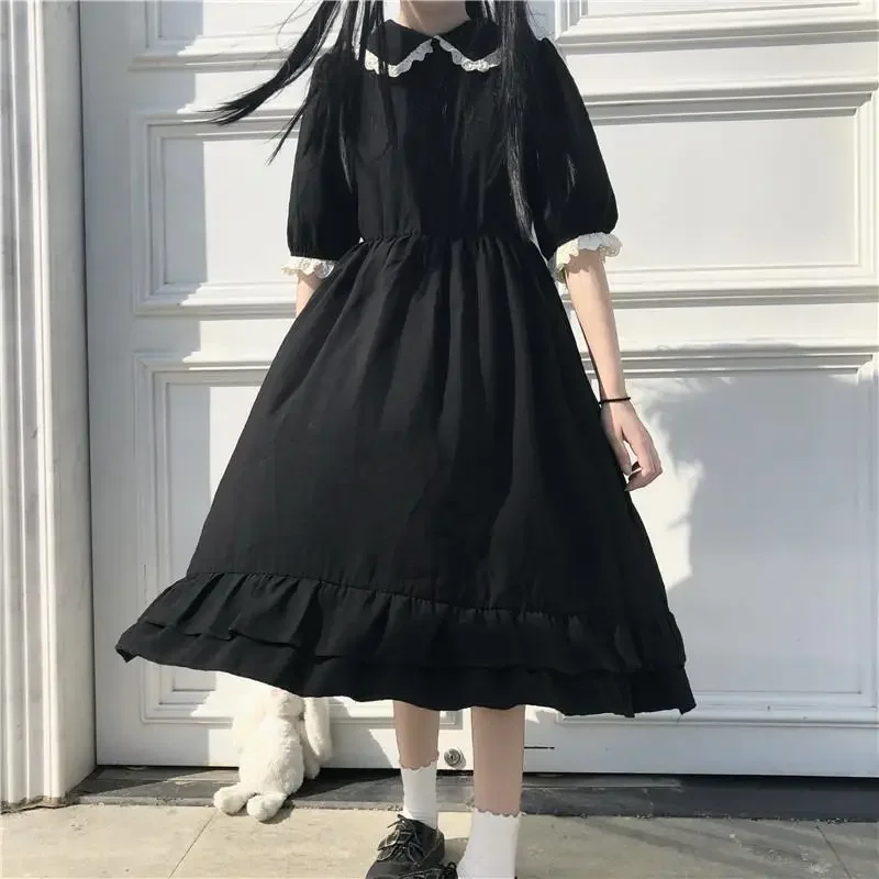 Autumn new black kawaii lolita dress lotus girl fairy cute Lolita doll collar puff sleeve dress 2024 fashionable WOMEN'S clothin