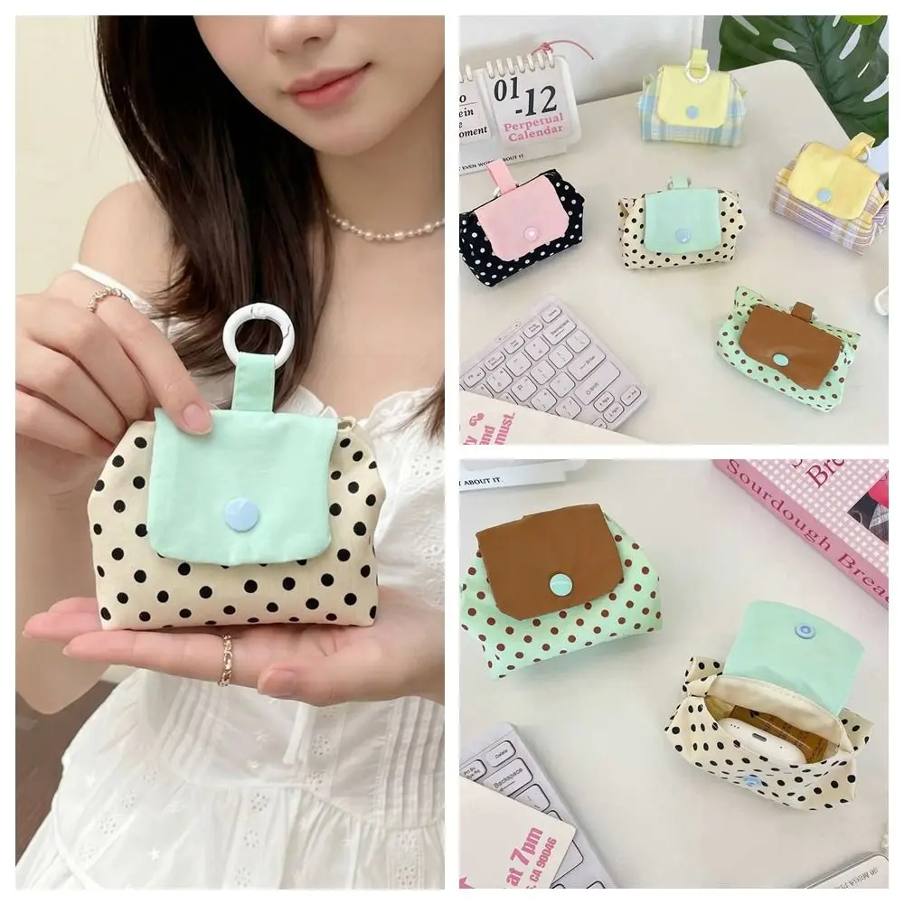 Simple Plaid Polka Dot Storage Bag Cute Flower Small Cosmetic Bag Key Ring Korean Style Earphone Bag Key Bag