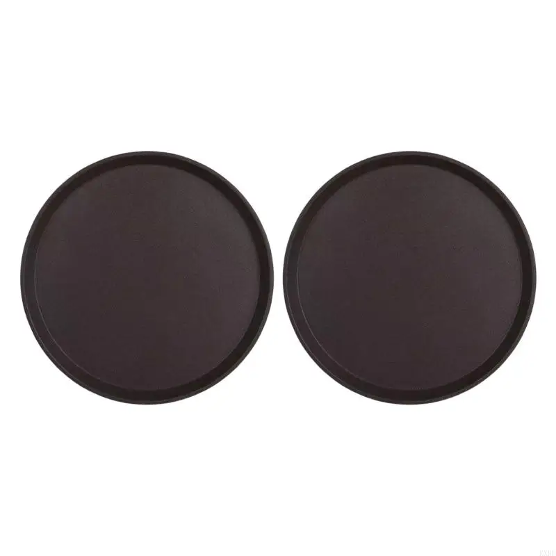Round Serving Tray Set of 2, 14in Black Plastic Trays with Grip Texture and Raised Rims for Fruit, Appetizers, Beverage KXRE
