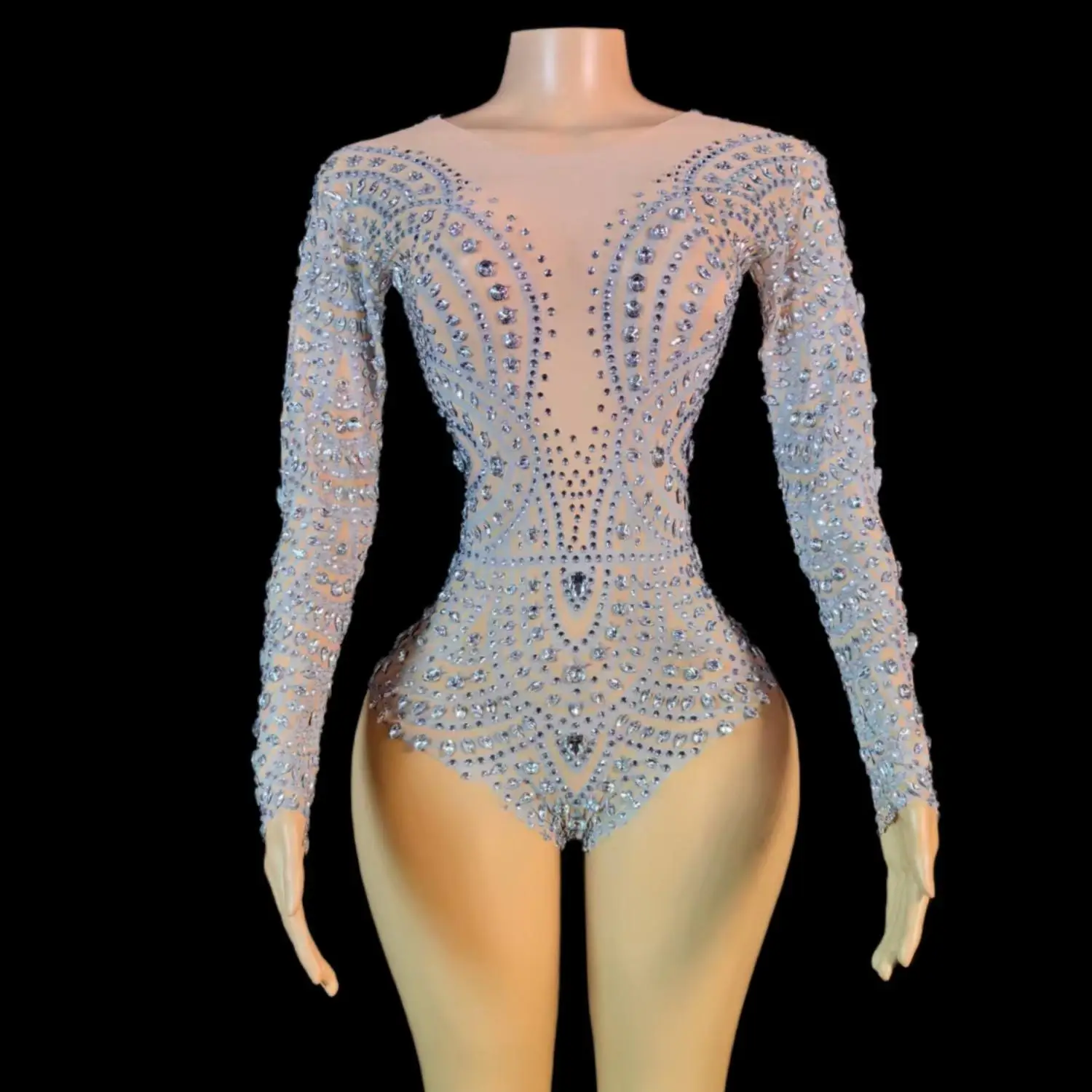 Funkelnde Strass Langarm sexy Tanz sexy Tanz transparente Bodysuit Kostüm Geburtstags feier Outfit Frauen Trikot Bühnen kleidung