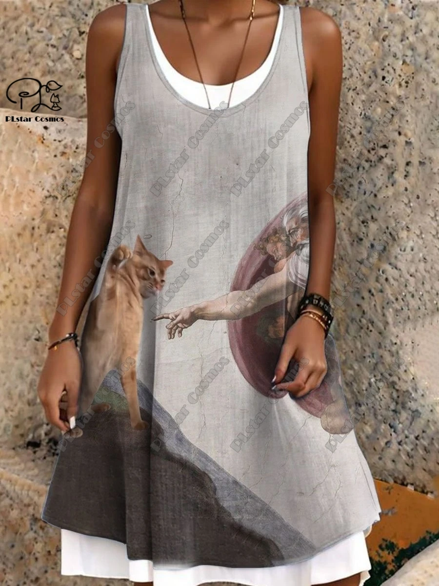 PLstar Cosmos 3D Printed Retro Pattern Women's Sleeveless Dress Summer Casual Beach Dress Holiday Style Collection S-16