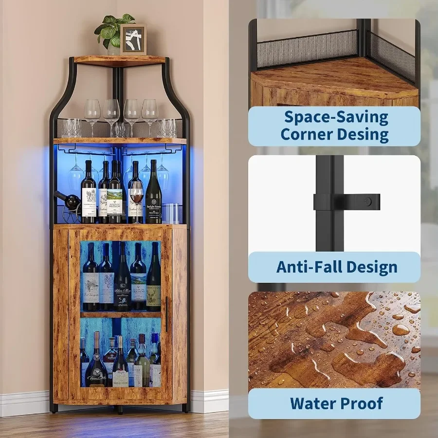 Corner Bar Cabinet for Home Use, MDF Wood in Walnut Finish, LED Lighting 5-Tier Wine Rack with Smooth Sliding Doors view 3