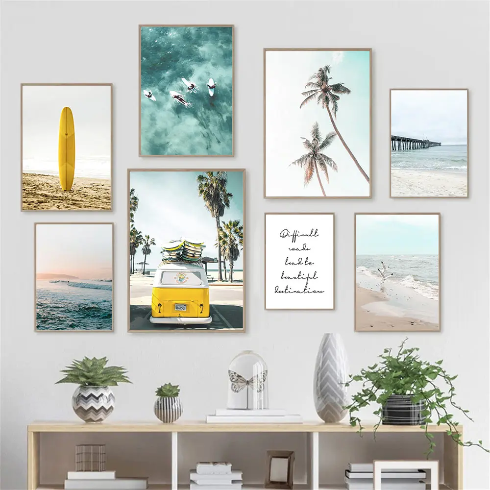 

Yellow Car Surfboard Painting Poster Sea Beach Canvas Wall Art Print Coconut Tree Posters Nordic Wall Pictures Living Room Decor