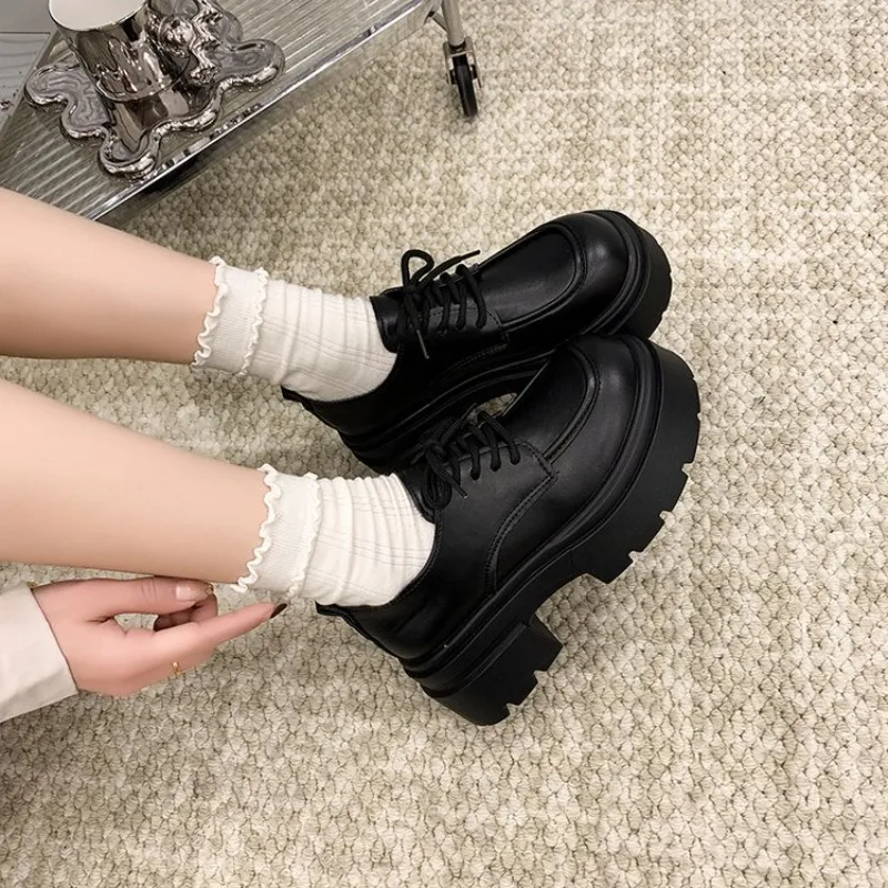 Black Leather Shoes Women's Autumn Winter Flat Shoes Thick Heel Pure Color Round