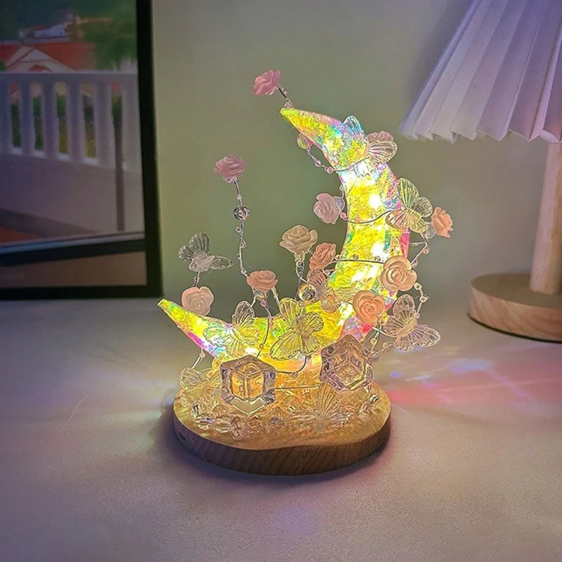 Lampada lunare fai-da-te Farfalla rosa Luce notturna creativa fatta a mano Regalo di compleanno Confezione di materiali per la decorazione del desktop