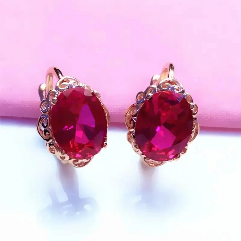 585 purple gold plated 14K rose gold inlaid oval ruby flower earrings for women elegant charm sweet wedding jewelry for couples