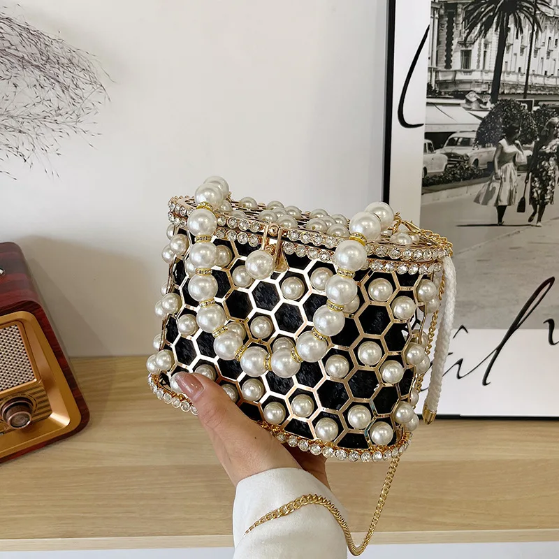 2025 Pearl Cage Bucket Bag - Evening Banquet Bag Chain Crossbody Bag, Convertible Crossbody Bag Red Carpet Event