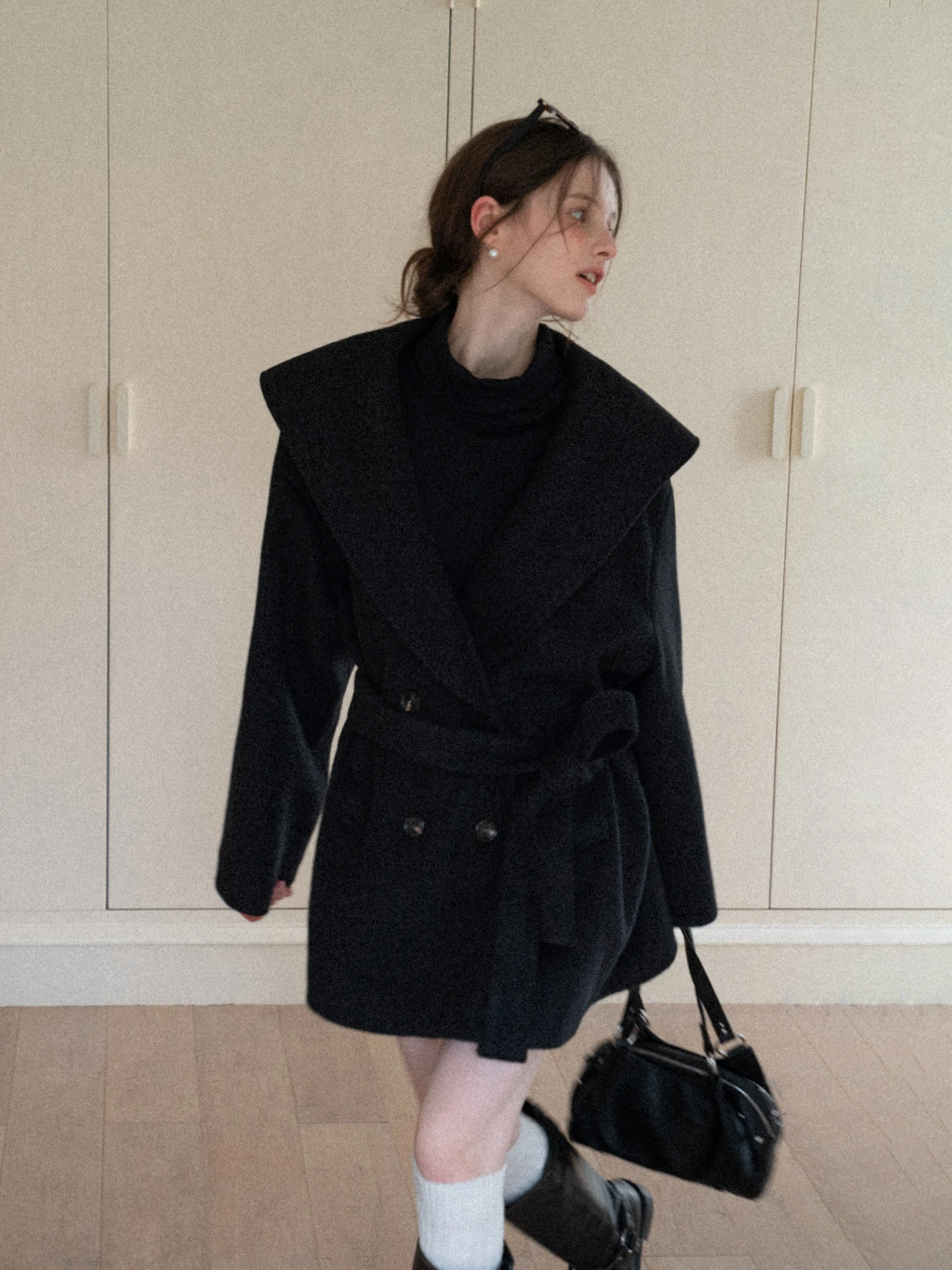 Eggka Woolen Cotton Blend Black Long Coat Loose Fit High Waist French Style Women's Fashion Outerwear Polyester Fiber