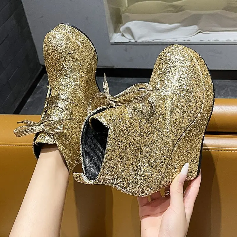 

Fashion Bling Wedge Women's Ankle Boots Autumn and Winter Thick Sole Lace-up High Heels Women Shoes Travel Banquet Botas Mujer