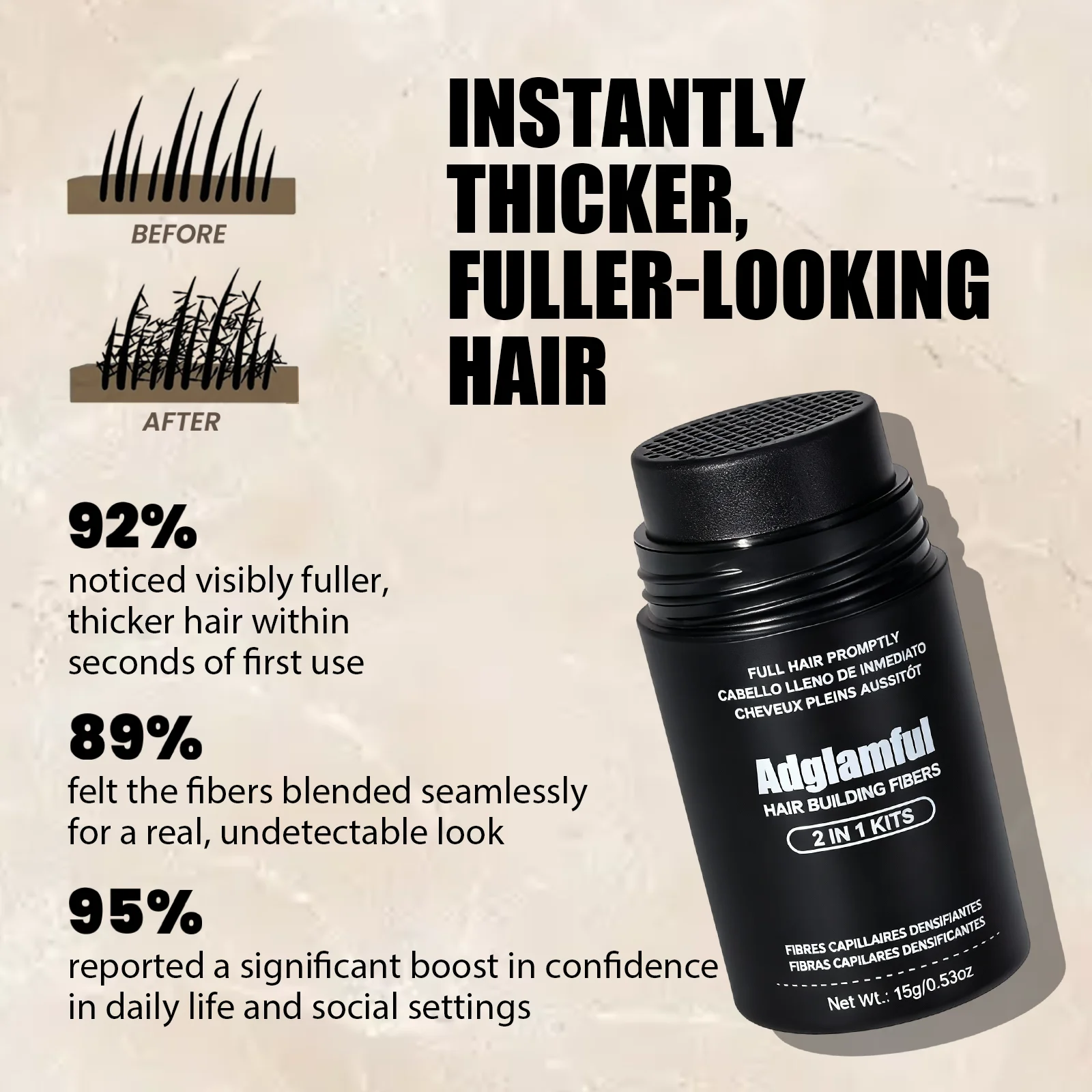 Adglamful Hair Fiber Kit: 2 Fiber Powders + Spray Bottle for Instant Thickening & Volume – Quick 30 Sec Styling