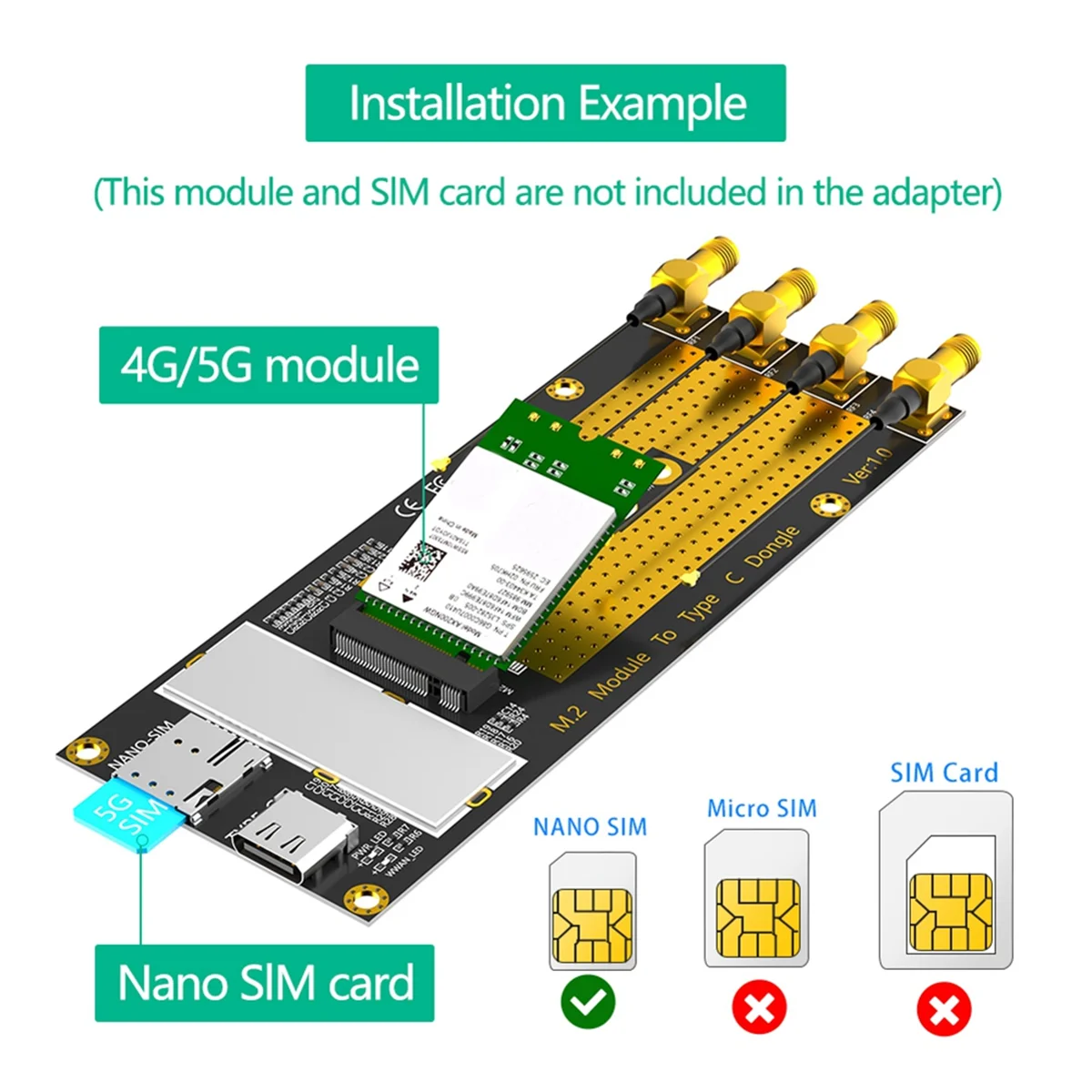 Módulo M.2 (M.2) 3G/4G/5G para adaptador tipo C /USB 3.0 com slot para cartão NANO SIM para módulo RM500Q/RM500U /GM800/ SIM8200