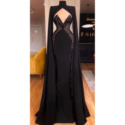 Elegant Black Long Sleeve High Neck Sequined Floor Length Formal Occasion Black Evening Dress Special Party Gown robes de soirée