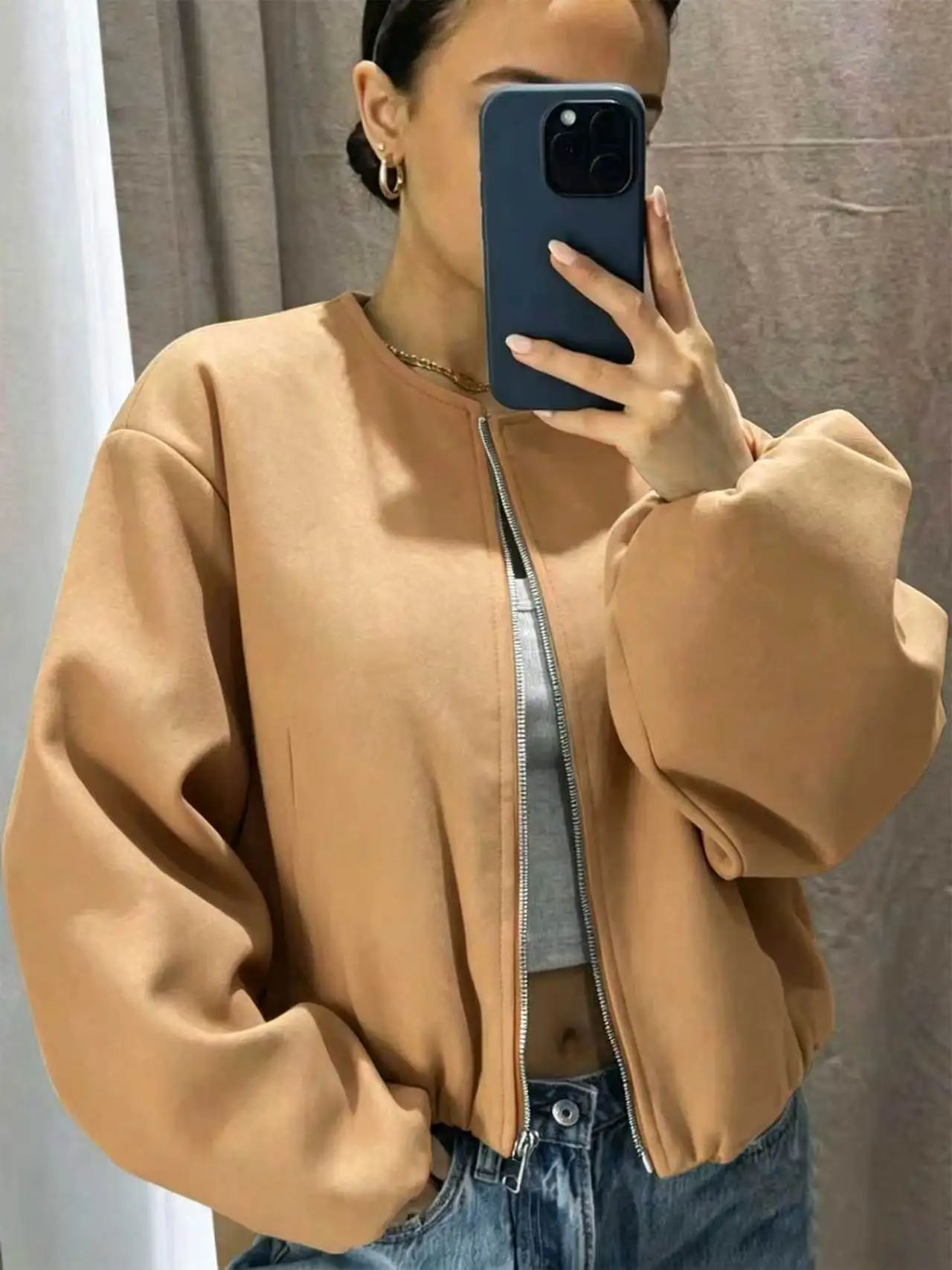 Solid Zipper Loose Baseball Uniform Bomber Jackets Blazer Autumn Winter O-neck Dropped Shoulders Lantern Sleeves Cardigan Jacket