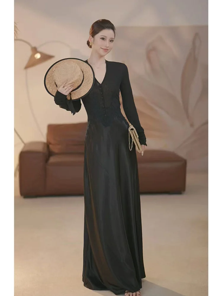 Ele الساتان طويل الدكتور للنساء عالية الخصر ألف خط صورة ظلية V-Ne عادية Ocn الفرنسية Sle ألياف البوليستر طويلة Sve