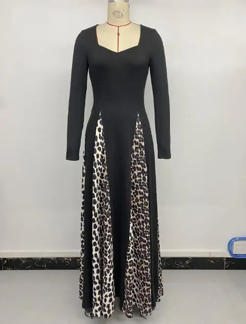 

Women Dress Fashion Spring/summer 2025 New Dress Elegant Retro Style Square Neck Long Sleeved Leopard Print Patchwork Long Skirt