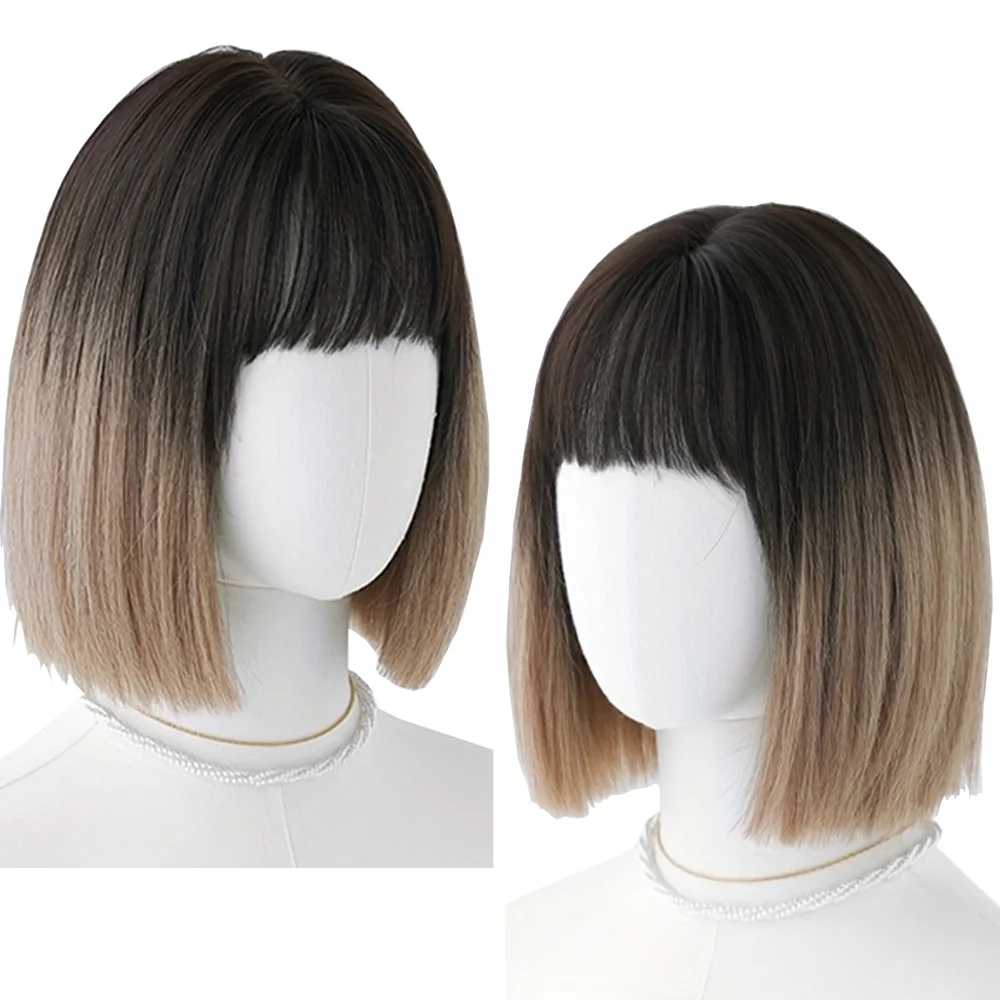 

12 Inch Natural Straight Bob Wig With Air Bangs Black to Ash Brown Ombre Heat Resistant Synthetic Hair Wig For Women Daily Use