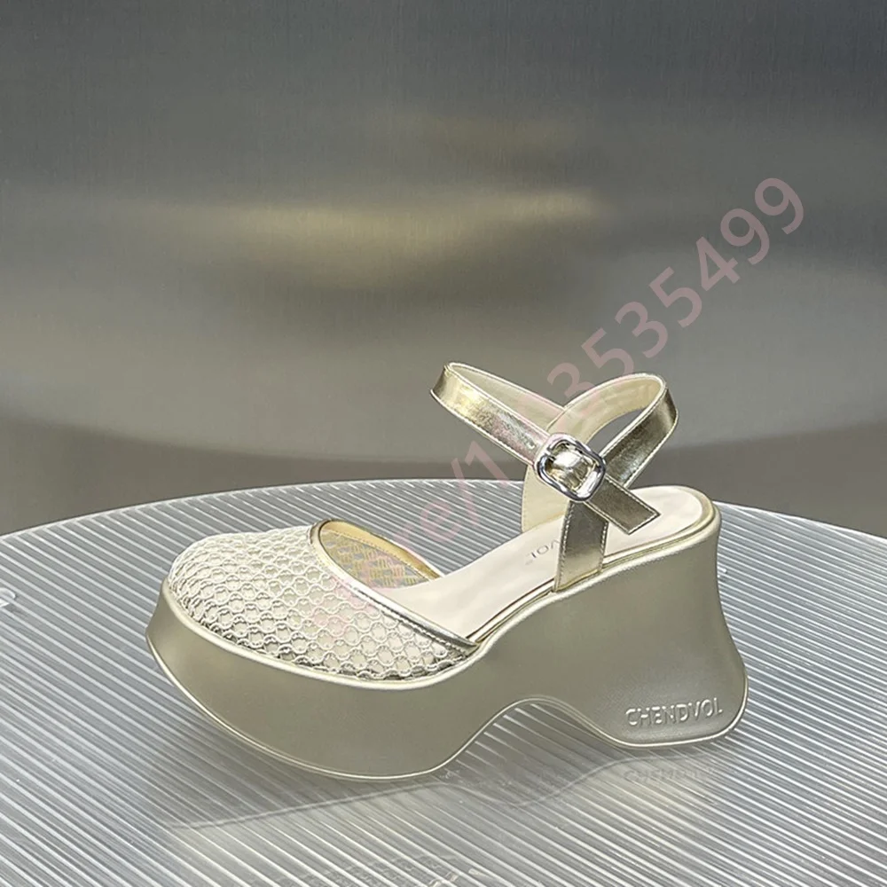Mesh Square Toe Platform Mules Women Adjustable Buckle Ankle Strap Irregular Curved Wedge Heel Summer Fashion Slingback Sandals