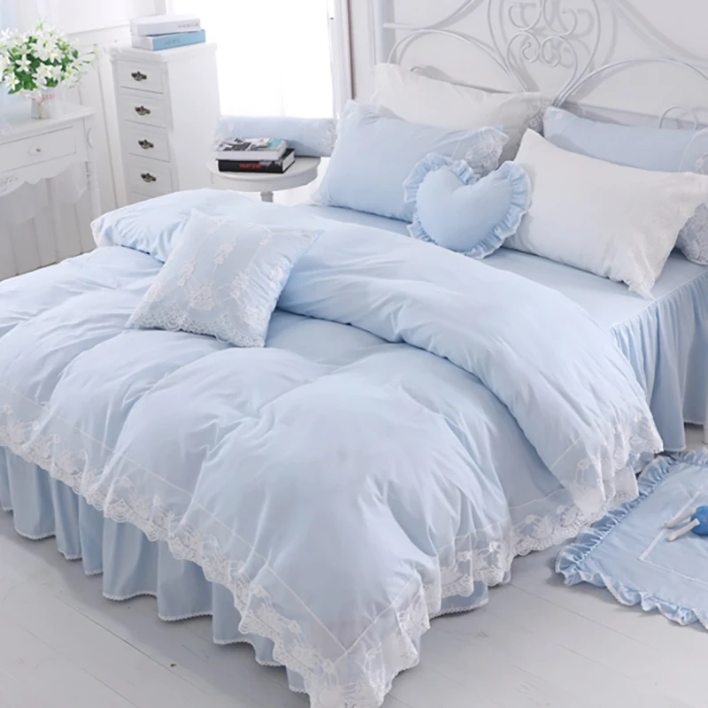 

Комплект постельного белья из чистого хлопка в стиле принцессы, 4 предмета, с простым кружевом, размер Queen: покрывало, пододеяльник, наволочки