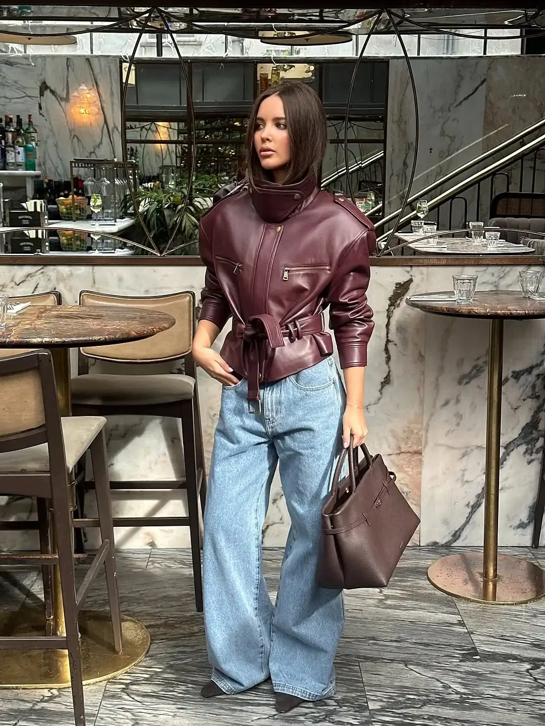 

Women Fashion Lace Up Stand Collar Zipper Bucket Short Jackets Solid Burgundy Waist Cinching Jacket 2026 Lady High Street Coat