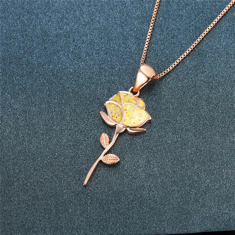 Huitan Yellow Rose Flower Design Rose Gold Color Pendant Necklace for Lady Wedding Engagement Party Romantic Accessories Jewelry - view 5