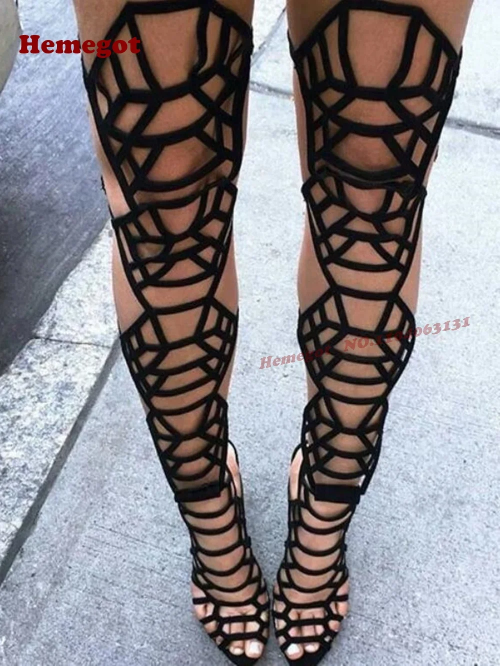 Hollow Out Thin Sandals Black Peep-Toe Caged Over-The-Knee Stiletto Heels Gladiator Sandals for Women Summer Splicing Shoes