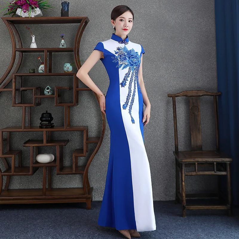 Sheng Coco Blue White Phoenix Embroidery Gown Fitting Cheongsam Long Banquet Evening Dress Stage Show Chorus Performance Dress