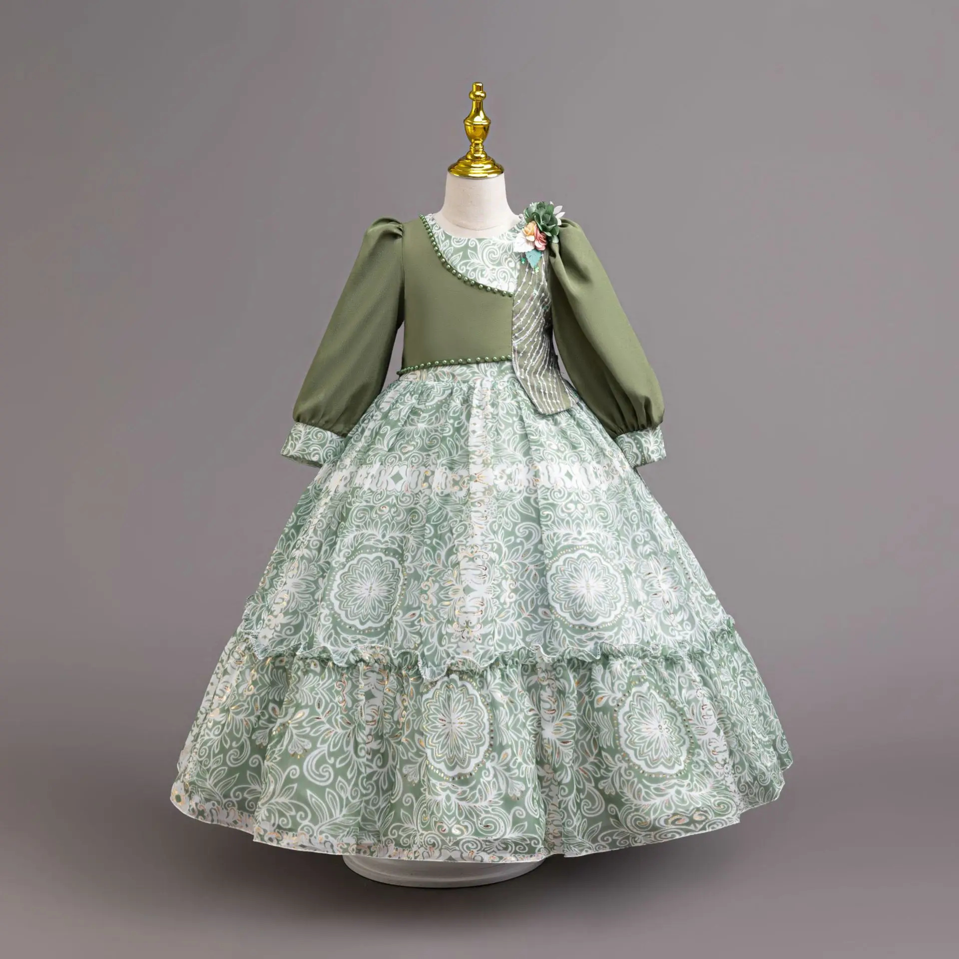 

HETISO Retro Floral Girls Chiffon Dresses Long Sleeve Children's Elegant Princess Birthday Ball Gown for Party Wedding 3-12Y