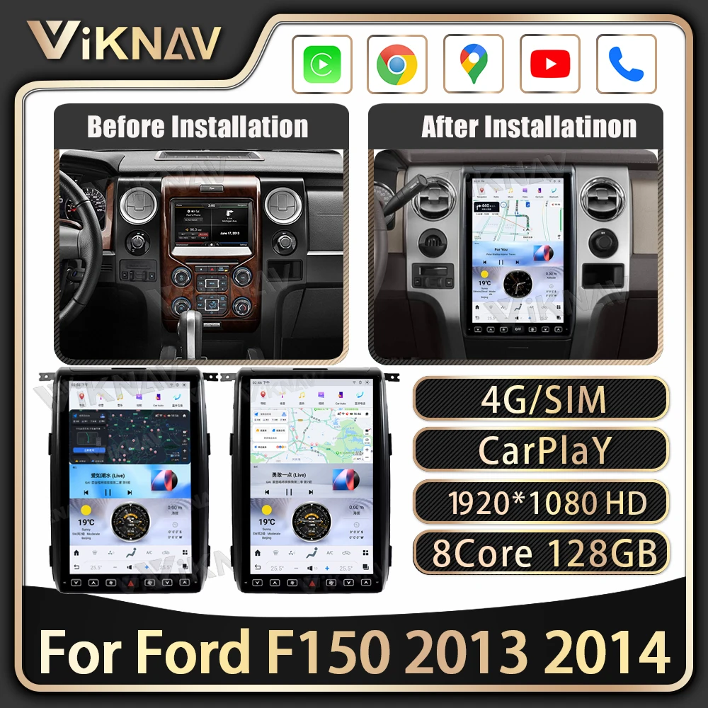 

Viknav для Ford F150 2013-2014 14,4 "HD сенсорный экран Android 8-ядерный автомобильный радиоприемник беспроводной CarPlay мультимедийный плеер GPS навигация