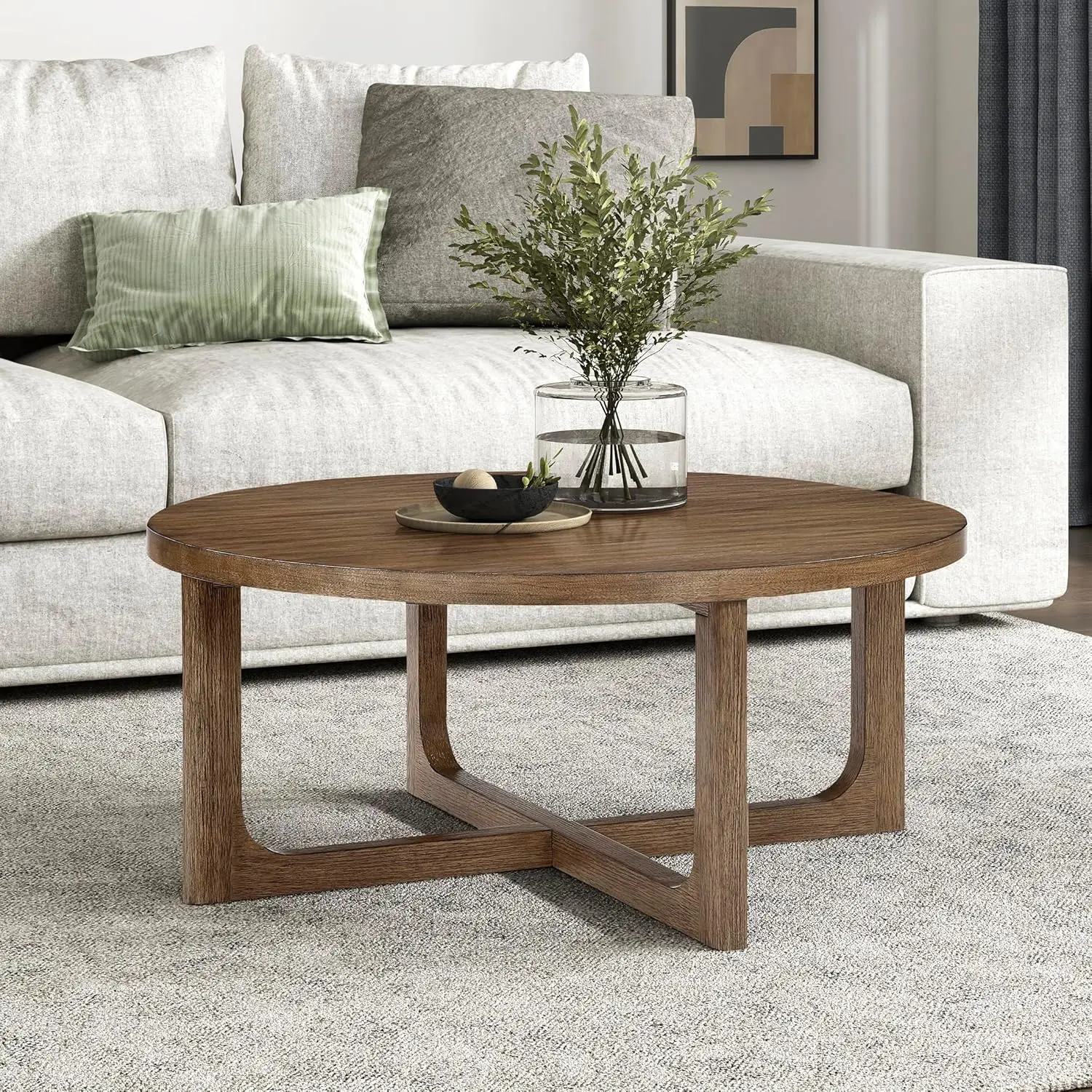 Coffee Table - Walnut Veneer WoodLivingRoomTablewithSturdyGeometric BaseEasy Assembly for Living Room/Lounge/Office/Waiting Area