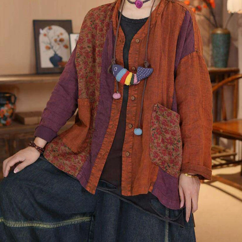 

Новинка 2026 года: Женские повседневные свободные куртки и пальто с принтом, карманами и вставками, V-образный вырез, однобортные, YH172