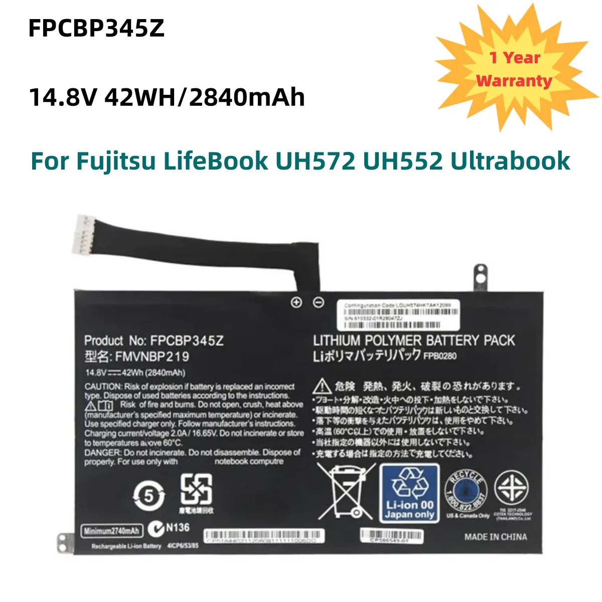 

Laptop Battery For Fujitsu LifeBook UH572 UH552 Ultrabook Series FMVNBP219 FPB0280 FPCBP345Z 14.8V 2840mAh