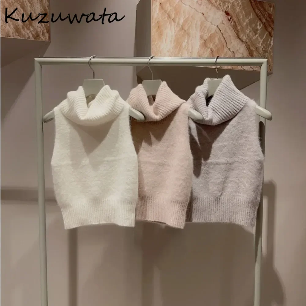 Kuzuwata Vintage Warm Turtleneck Sleeveless Jumper Fur Hairy All-match Sexy Exquisite Pullover Japan Sweet Office Lady Knitted