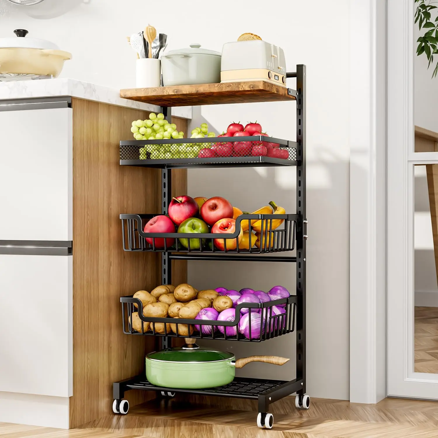 

5-Tier Adjustable Kitchen Cart with Wheels, Large Capacity Vegetable Storage Rack for Snacks and Produce