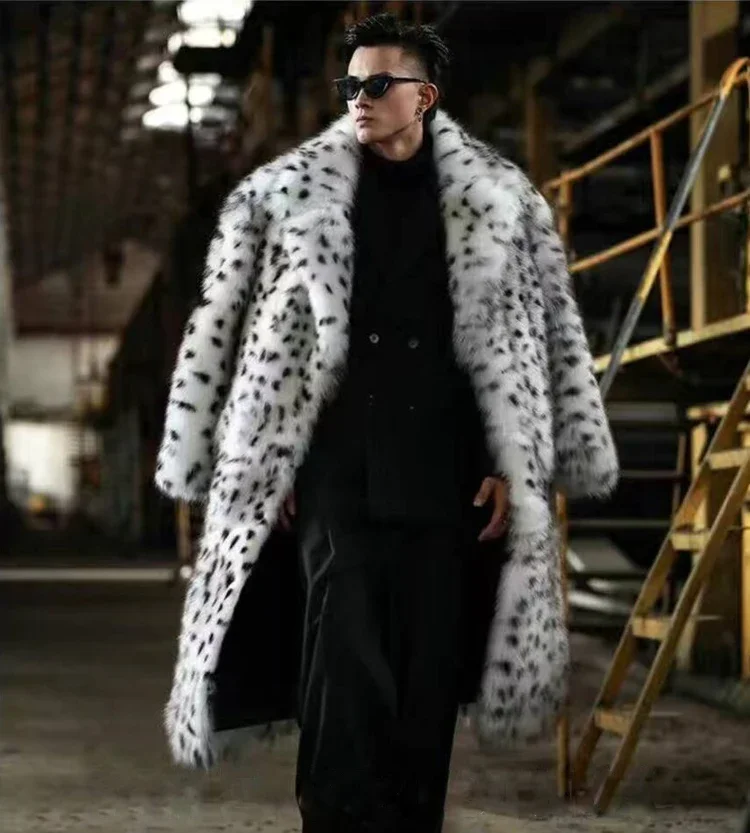 

New leopard print fur integrated man coat long suit collar imitation fox fur coat trend winter warm fur jacket JJ1028