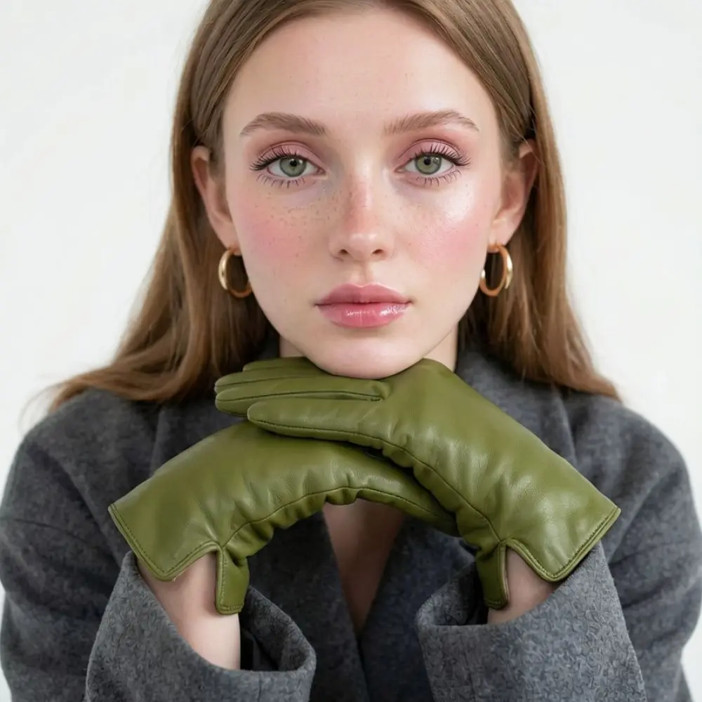 Winter Warm Leather Gloves For Dache Women Soft Sheepskin Fleece Lining Windproof Driving Cycling Daily Accessories