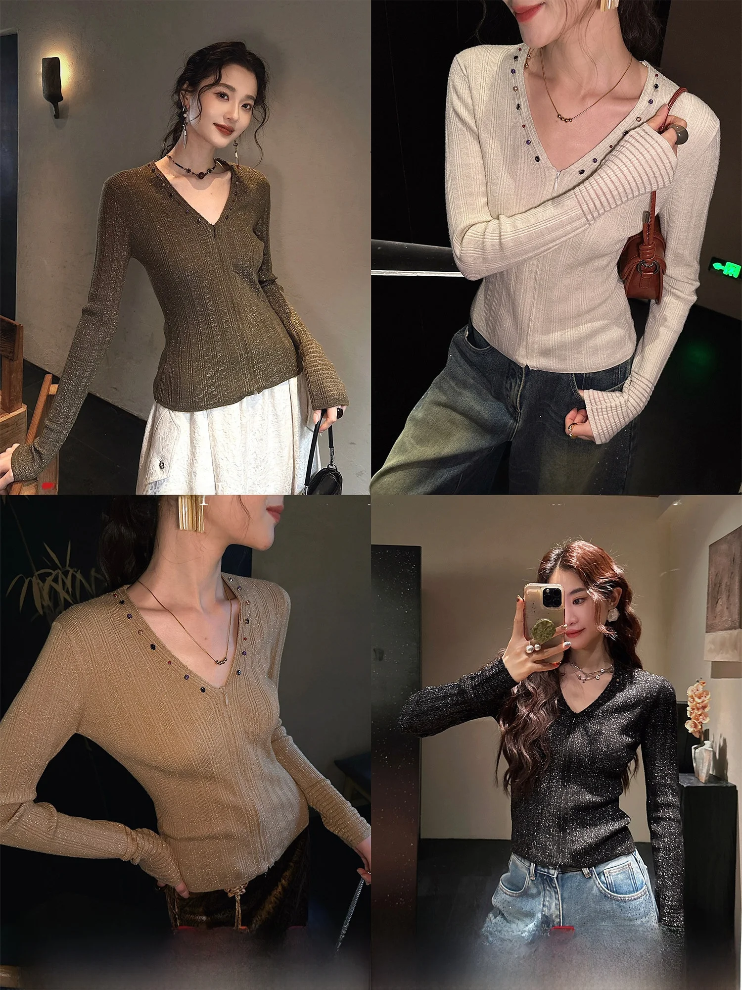 

Sanji Bla Flower【Quiet】Beaded iny Knitted Base irt Inner Wear 00 Wool 2025 New Top Women's Faion Commute Sle Loose...