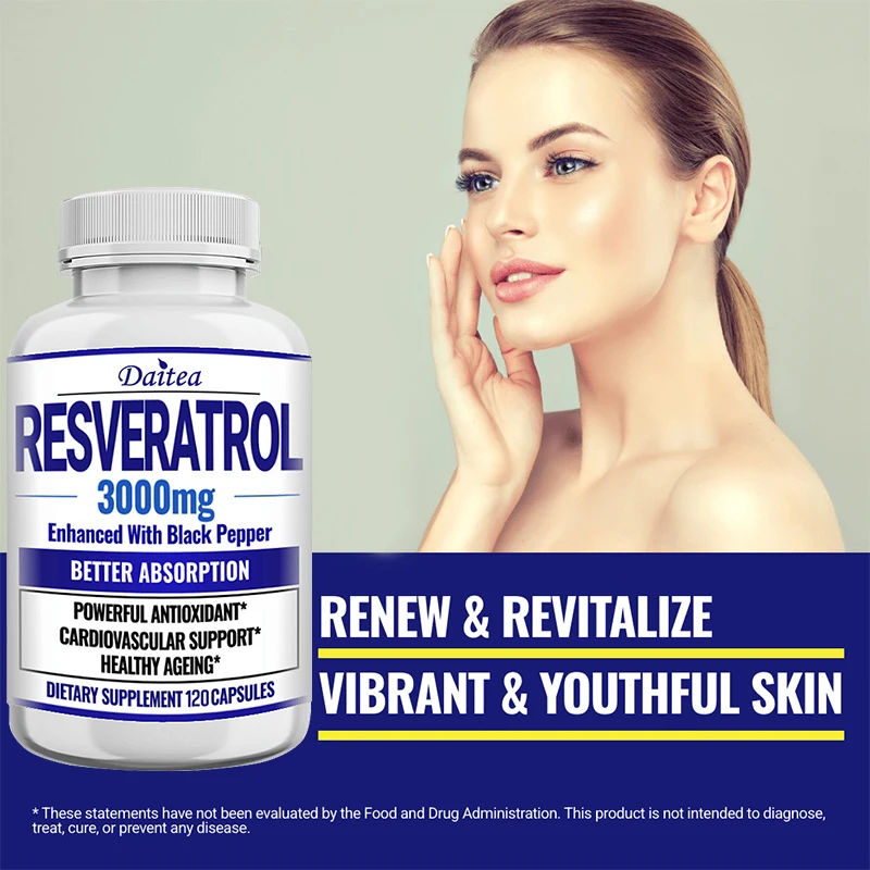 Natural Resveratrol Antioxidant Supplement - Balances Body Energy, Skin Cell Health, Brain Function and Immune System