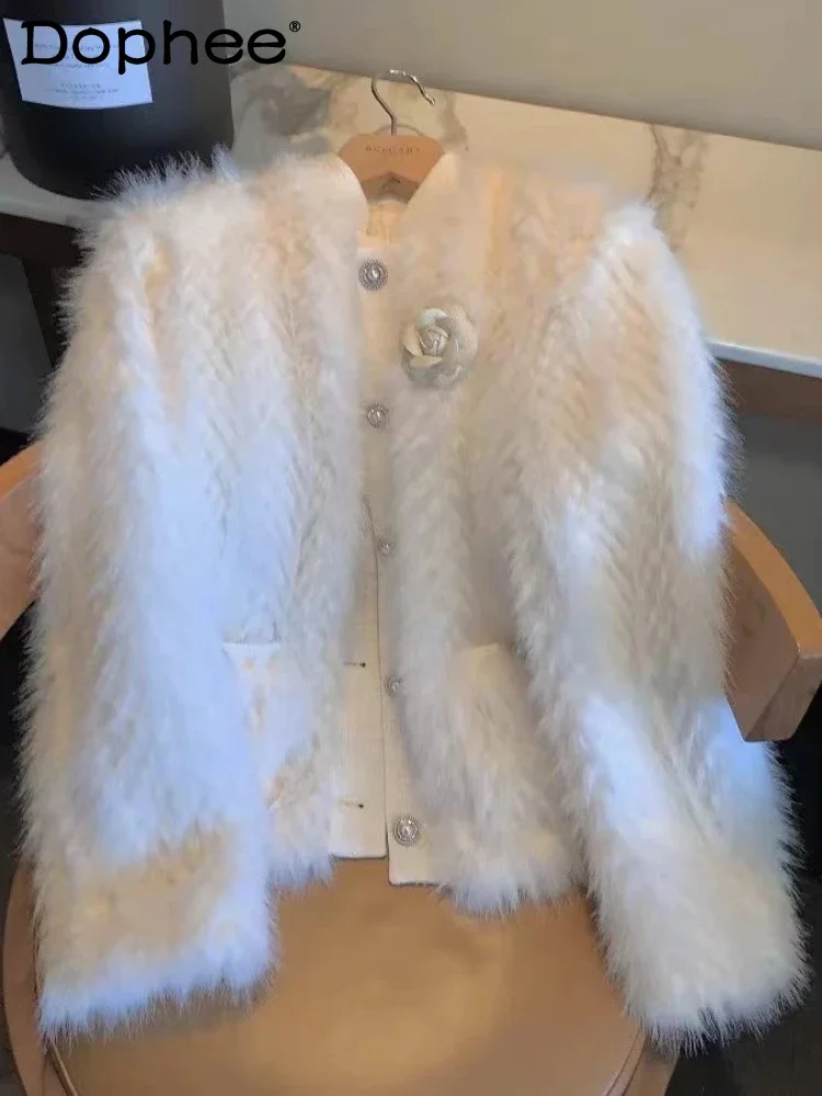 Creamy White Faux Fur Coats Women 2024 Autumn and Winter New Round Neck Long-sleeved Thickened Imitation Fox Fur Jacket