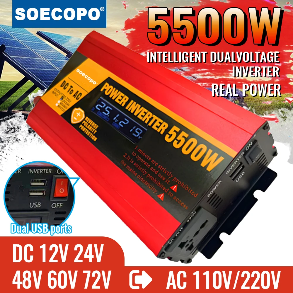 Efficient Dual Voltage Power Inverter 5500W Peak LCD Screen Real-Time Monitoring USB Ports with Multi-Voltage Compatibility